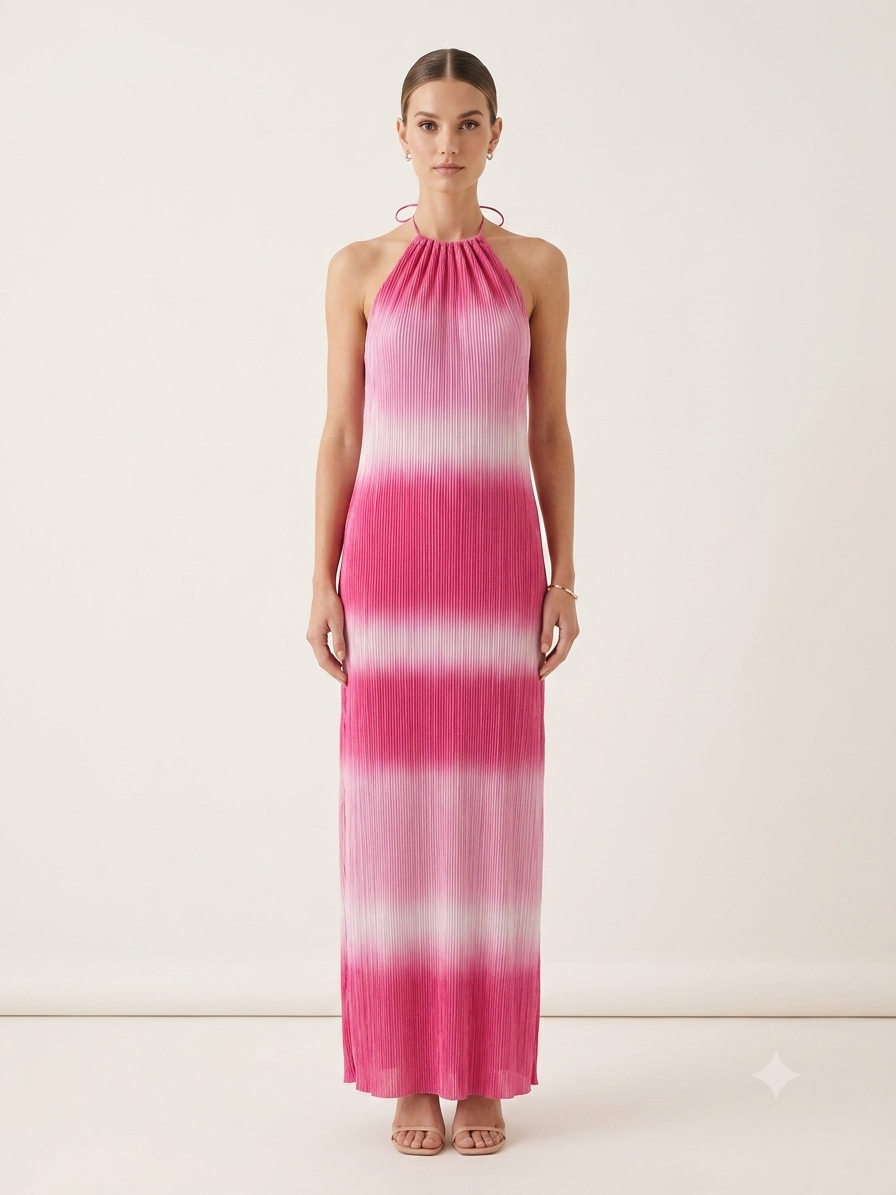 Ροζ Πλισέ Maxi Φόρεμα Halter Degradé