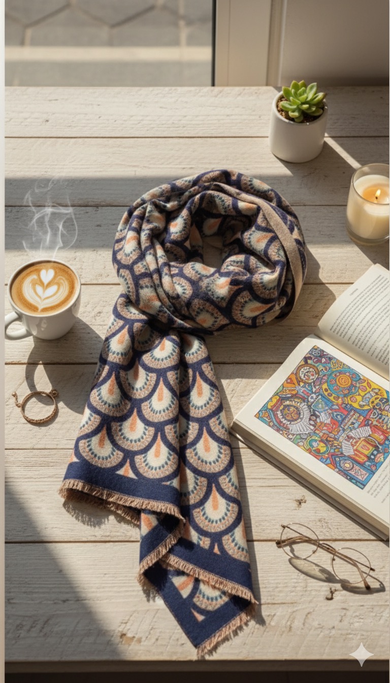 Γυναικείο Φουλάρι Μπλε – Μοτίβο & Ζεστή Υφή