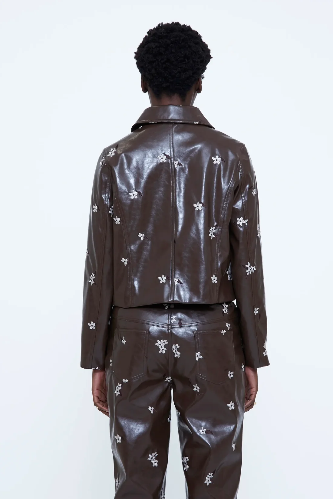 Wild Pony Καφέ Faux Leather Jacket με Almond Flower Print