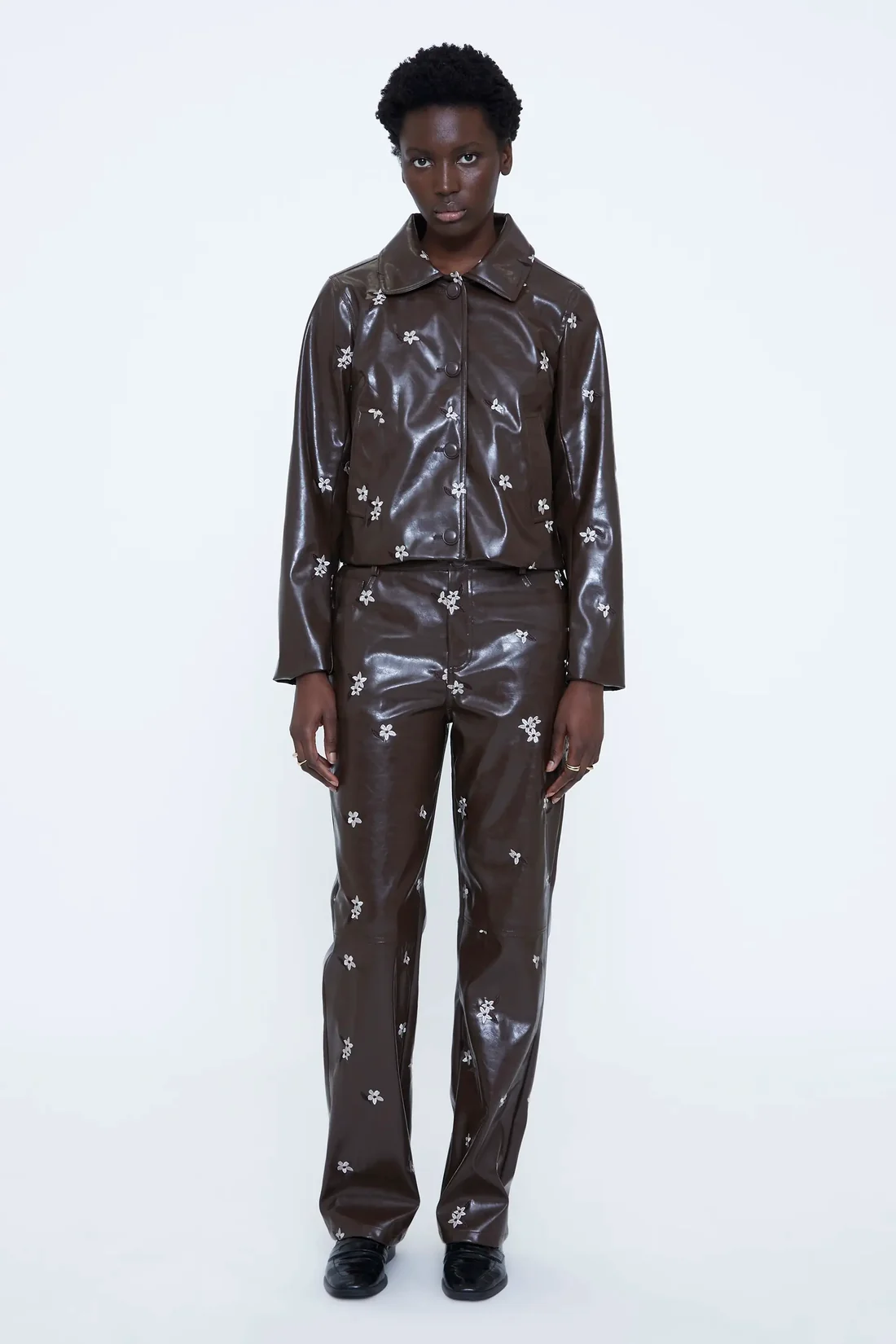 Wild Pony Καφέ Faux Leather Παντελόνι με Almond Flower Print