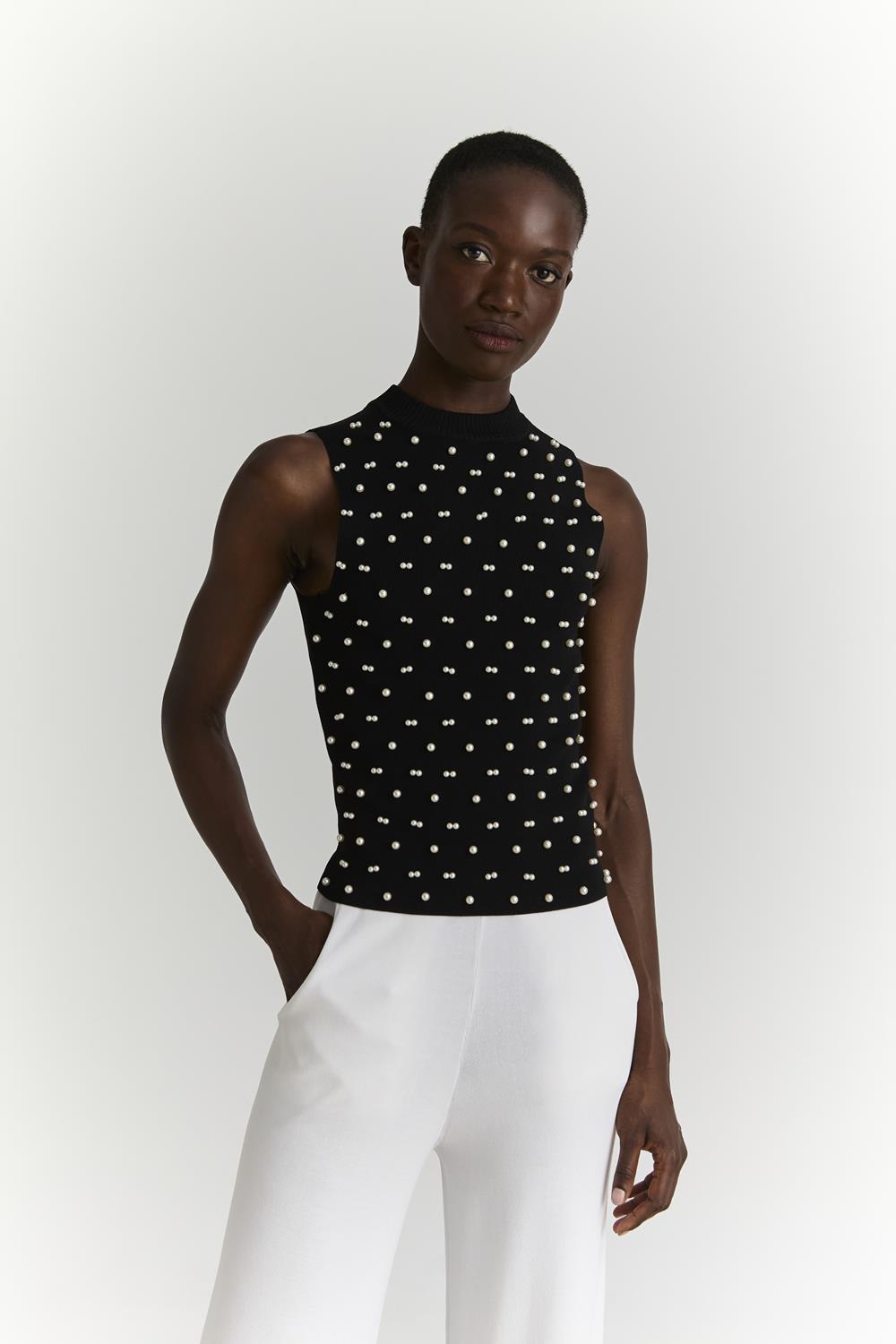 Πλεκτό Αμάνικο Top με Πέρλες Marina V Paris