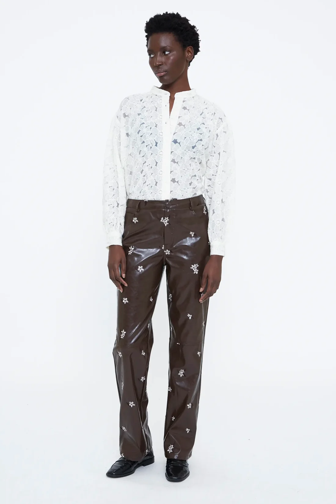Wild Pony Καφέ Faux Leather Παντελόνι με Almond Flower Print