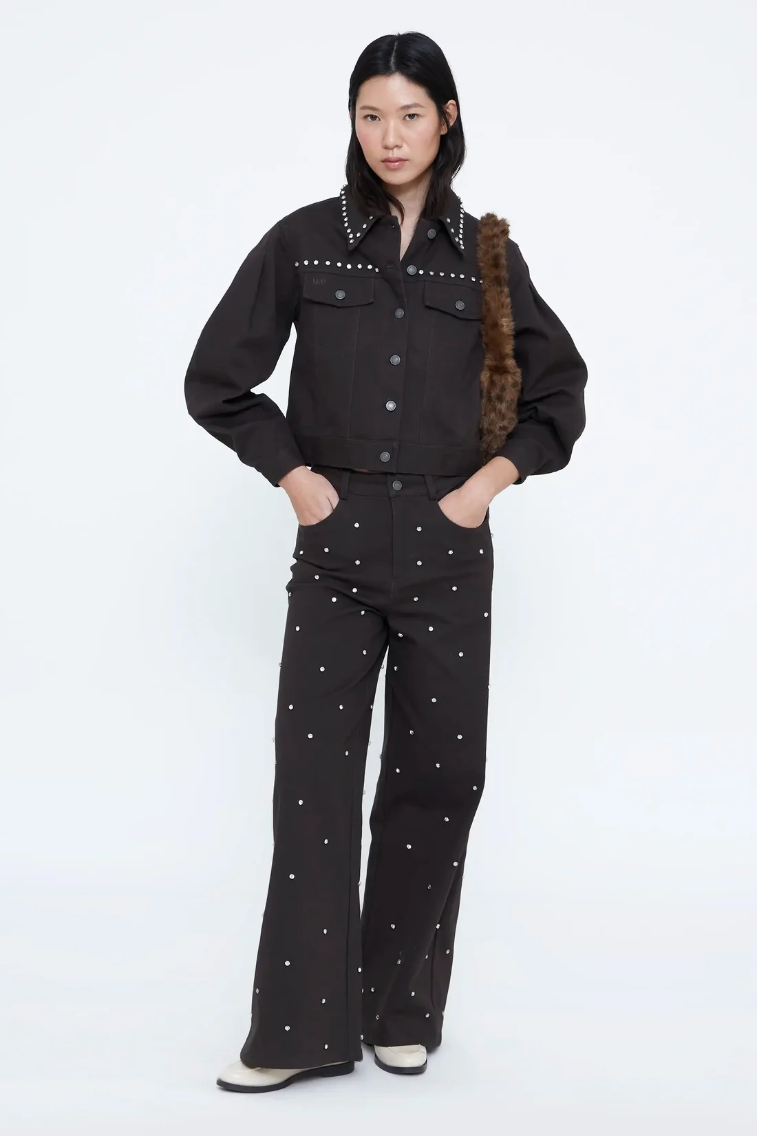 Wild Pony Σκούρο Καφέ Denim Jacket με Strass