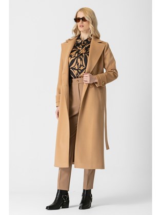 Παλτό Κάμελ με κουμπιά και ζώνη