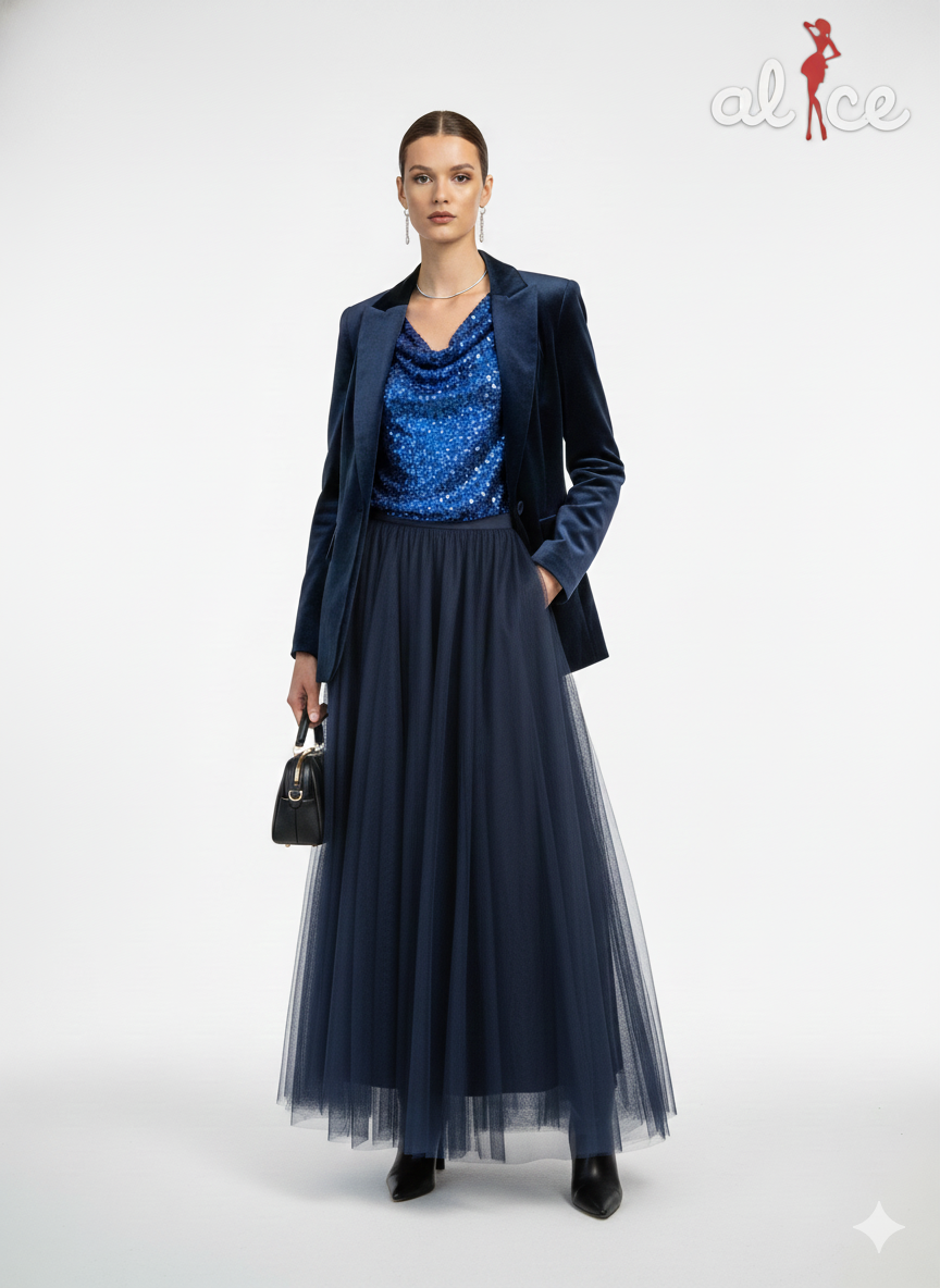 Μπλε Τοπ Παγιέτα με Ντραπέ Λαιμόκοψη