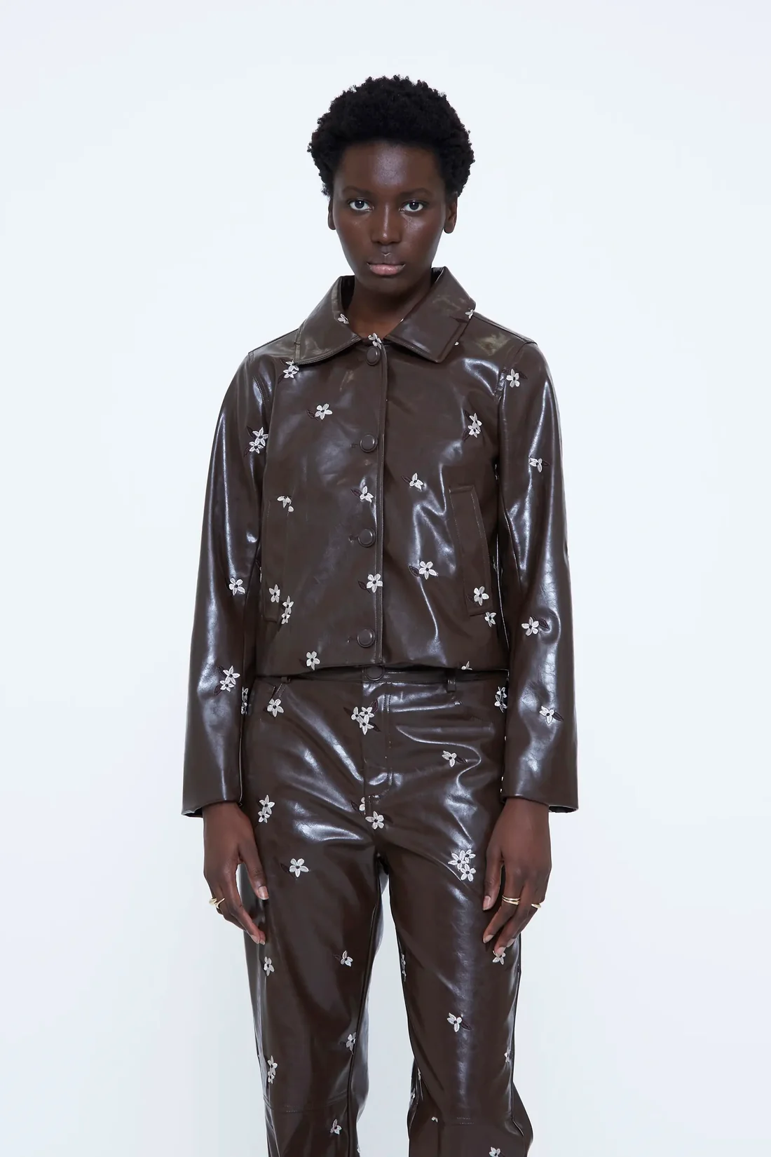 Wild Pony Καφέ Faux Leather Jacket με Almond Flower Print