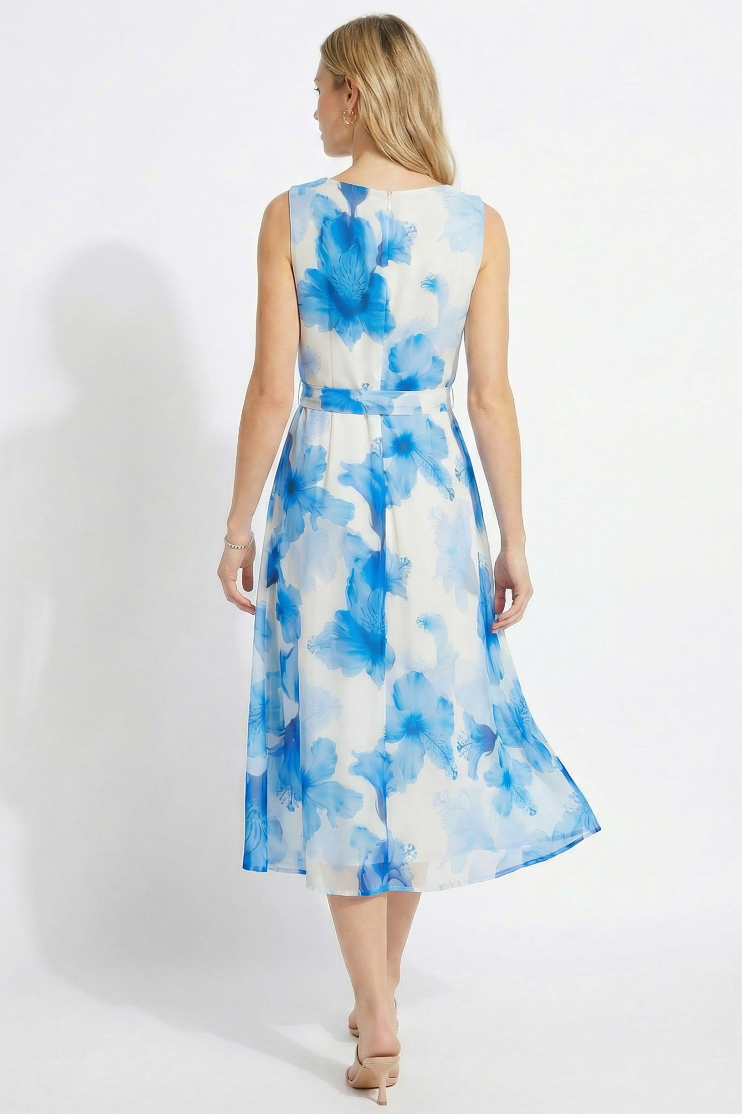 Midi Φόρεμα με Μπλε Λουλούδια & Ζώνη