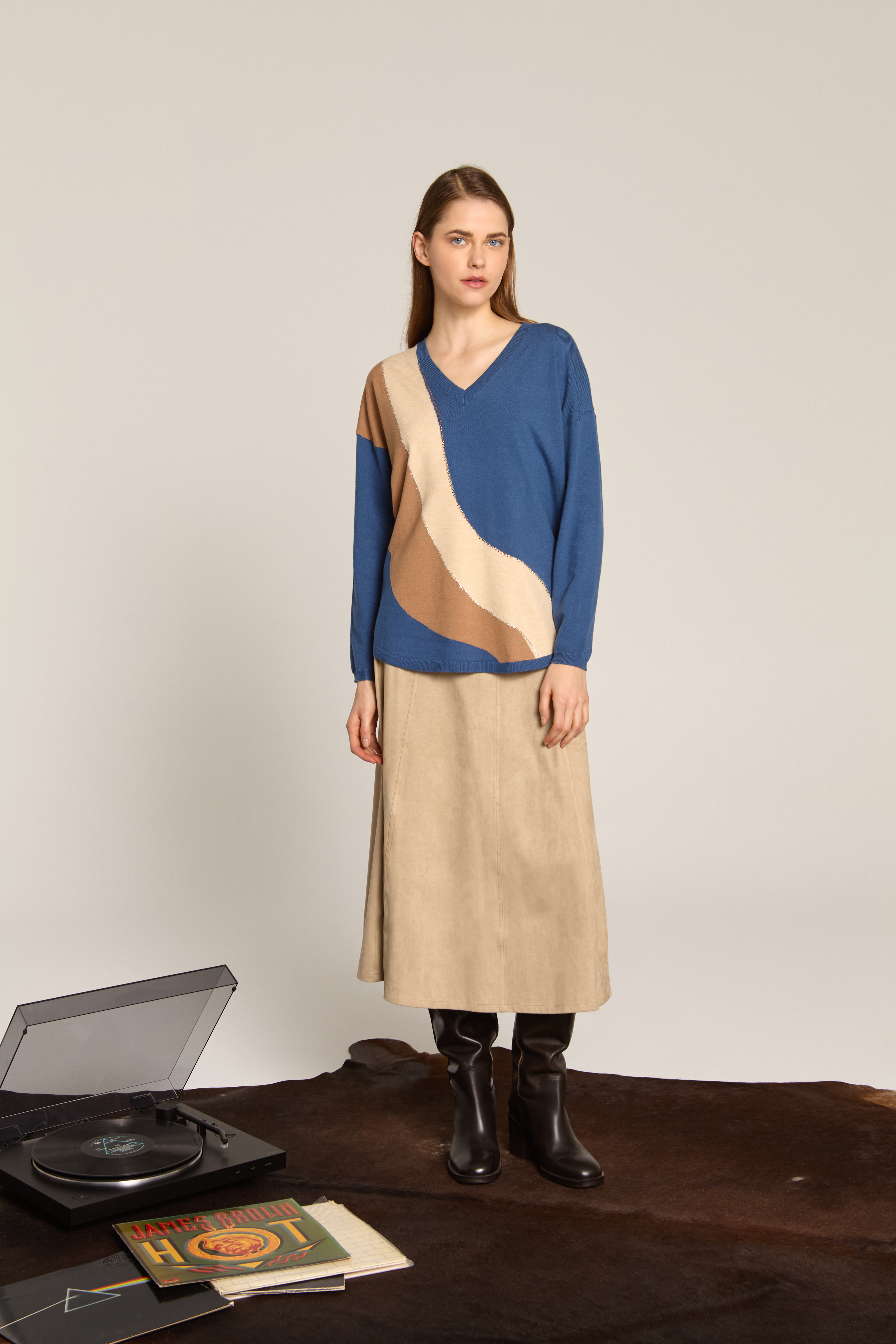 Γυναικείο Μπλε Πουλόβερ με Γραμμικά Prints