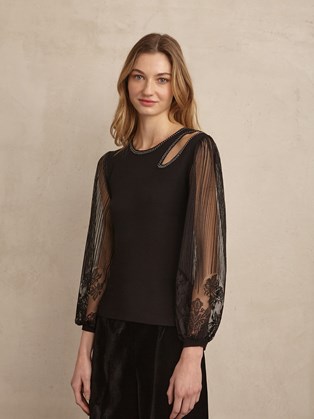 Bi-Material Round-Neck with Fitted Bodice with Cutout and Oversized Puffed Sleeves