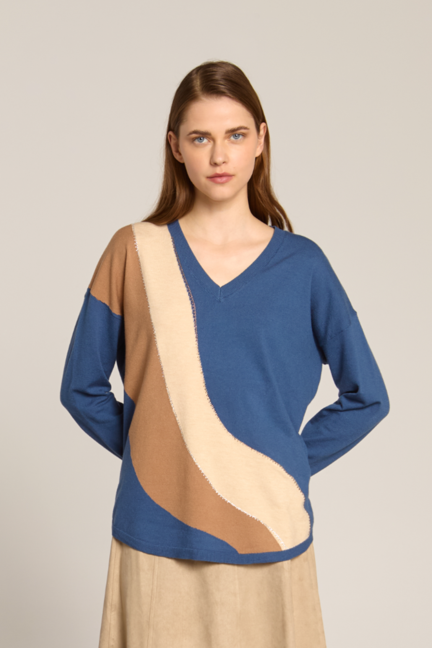 Γυναικείο Μπλε Πουλόβερ με Γραμμικά Prints