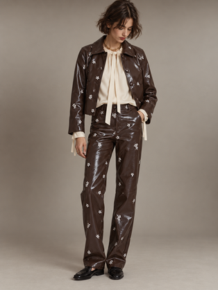 Wild Pony Καφέ Faux Leather Jacket με Almond Flower Print