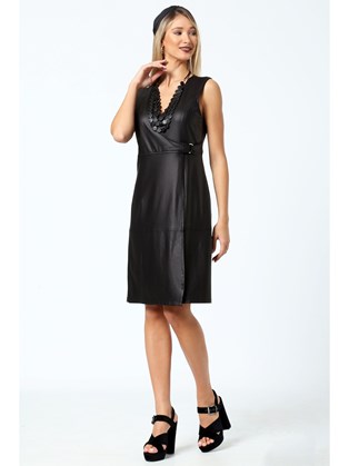 Κρουαζέ φόρεμα με δερμάτινη υφή D22212/BLACK