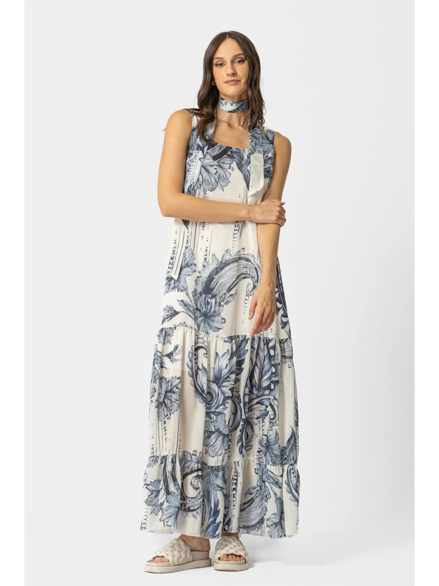 Maxi Φόρεμα με Baroque Print & Ζώνη – Εκρού/Μπλε
