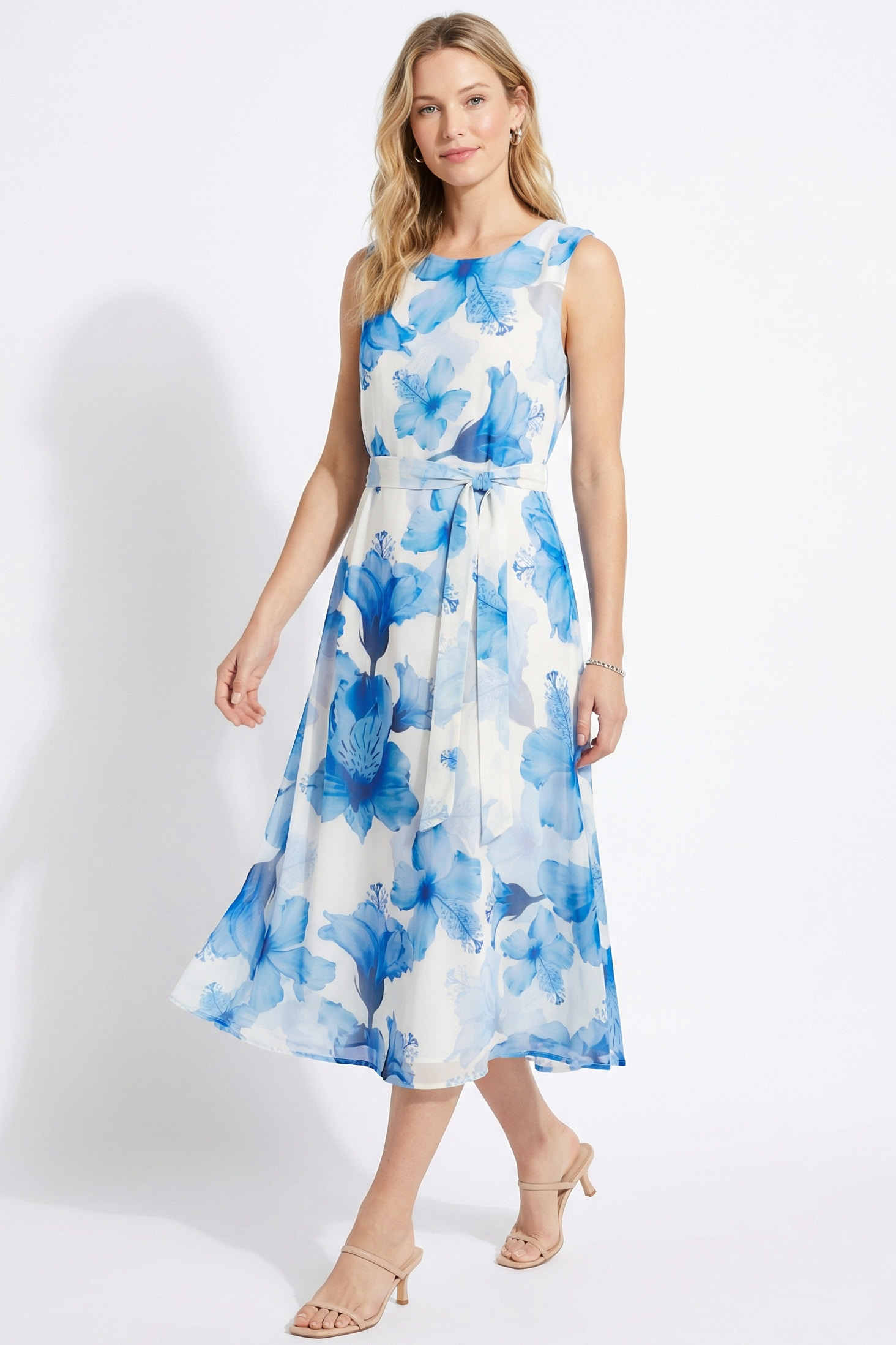 Midi Φόρεμα με Μπλε Λουλούδια & Ζώνη