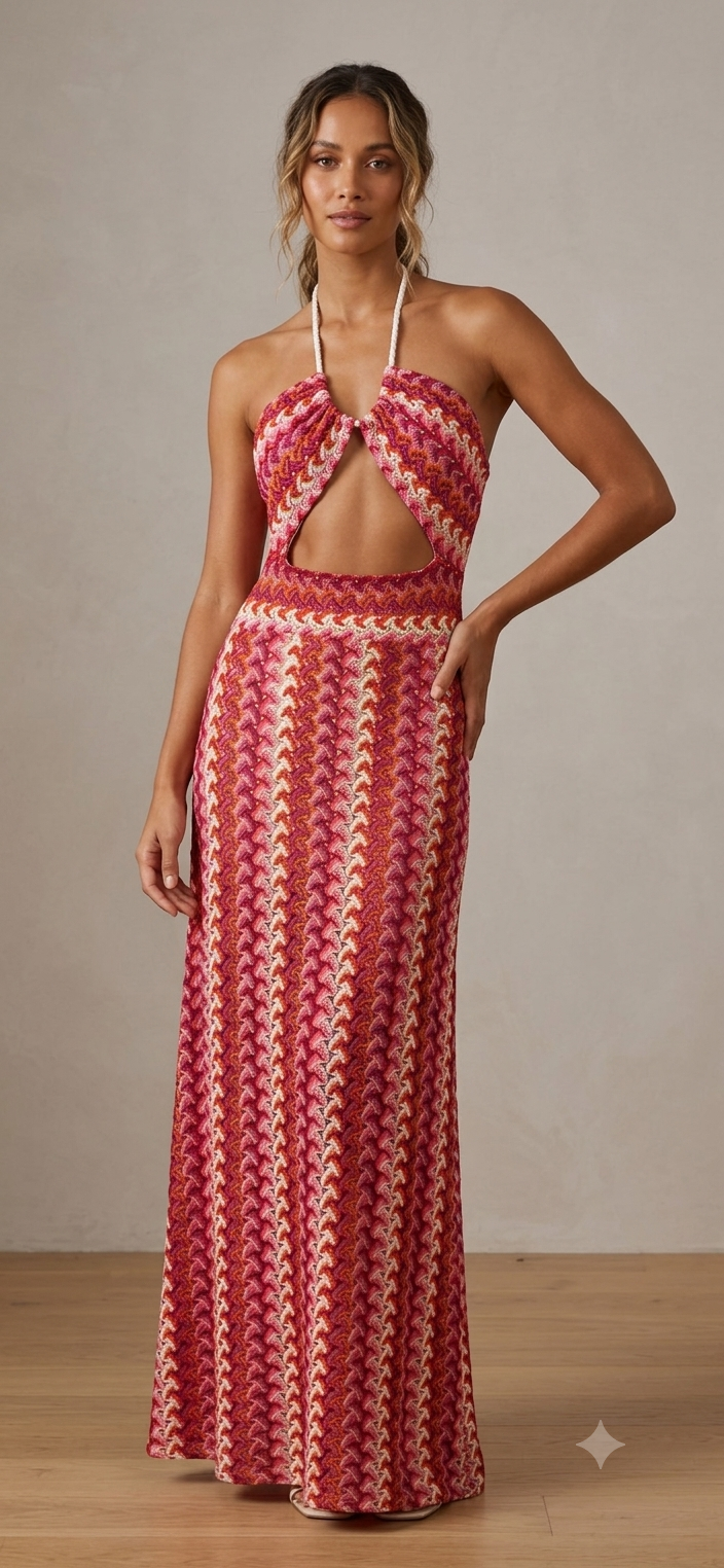 Πλεκτό Maxi Φόρεμα Halter με Cut-Out