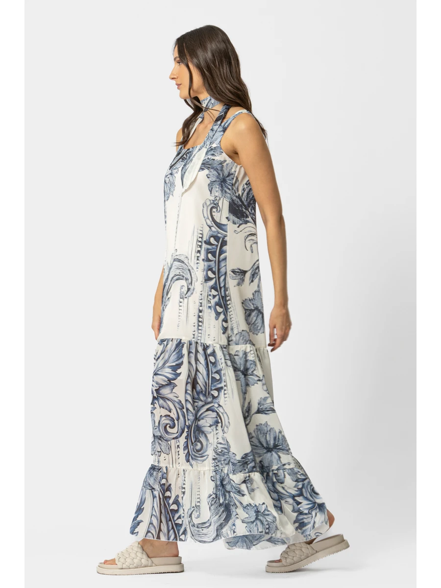 Maxi Φόρεμα με Baroque Print & Ζώνη – Εκρού/Μπλε