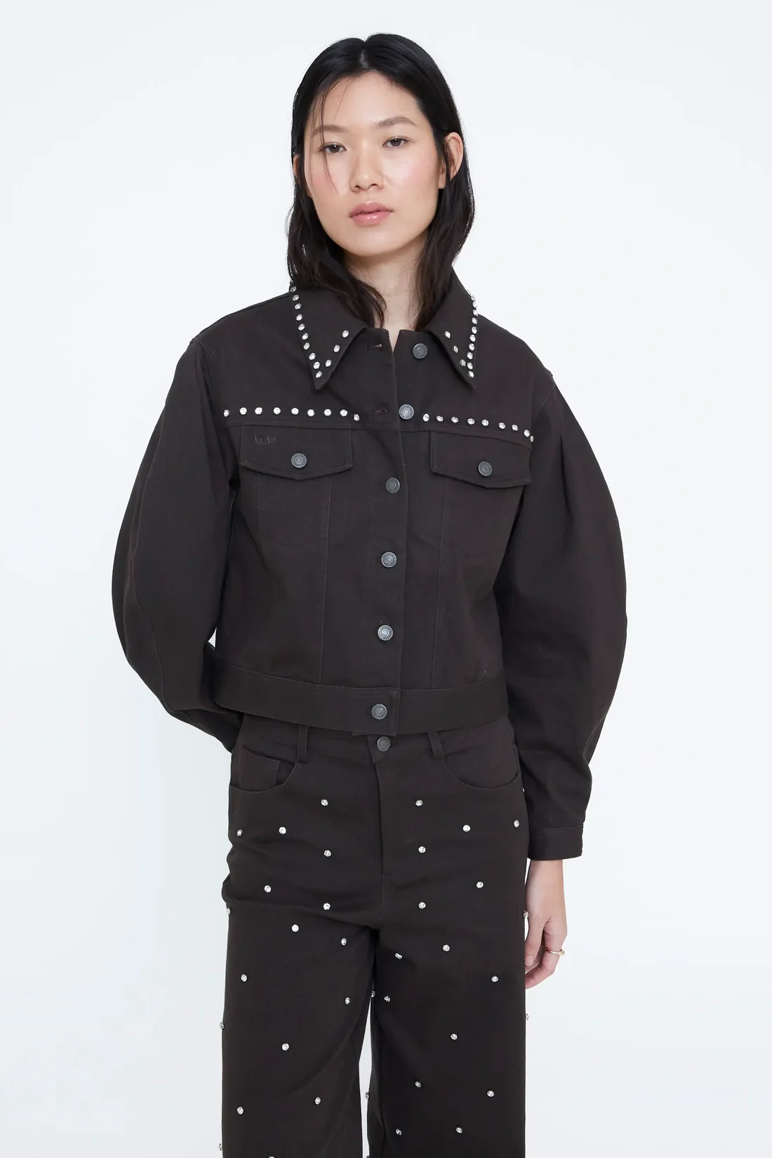 Wild Pony Σκούρο Καφέ Denim Jacket με Strass