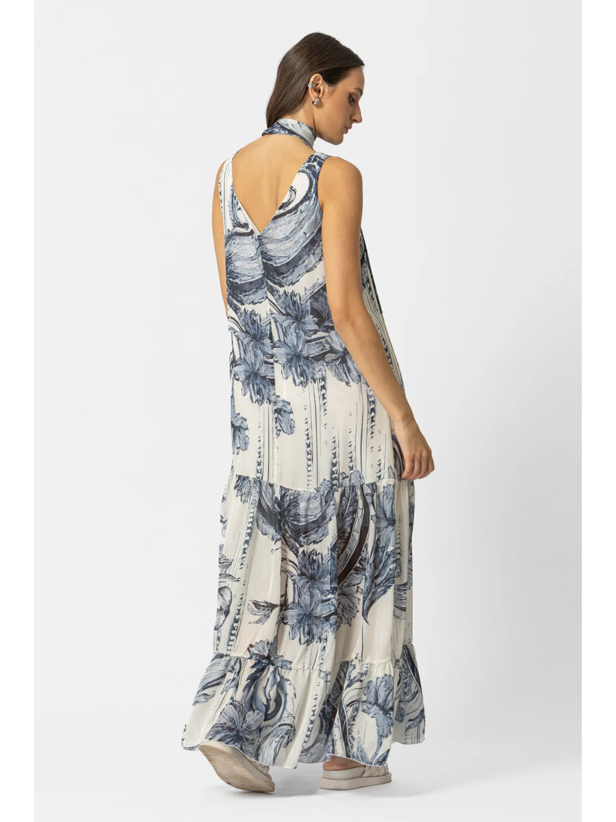 Maxi Φόρεμα με Baroque Print & Ζώνη – Εκρού/Μπλε