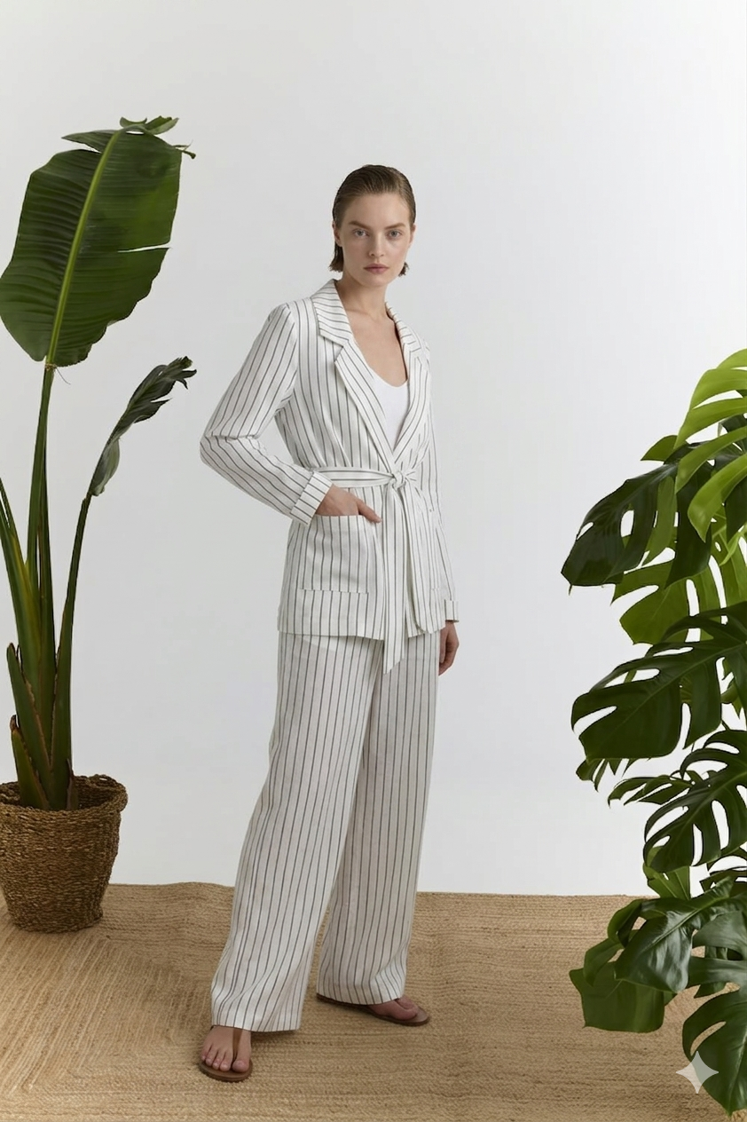 Ριγέ Βαμβακερό Blazer με Ζώνη Marina V