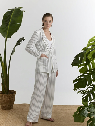 Ριγέ Βαμβακερό Blazer με Ζώνη Marina V