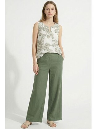 Χακί Linen-Look Παντελόνα σε Φαρδιά Γραμμή