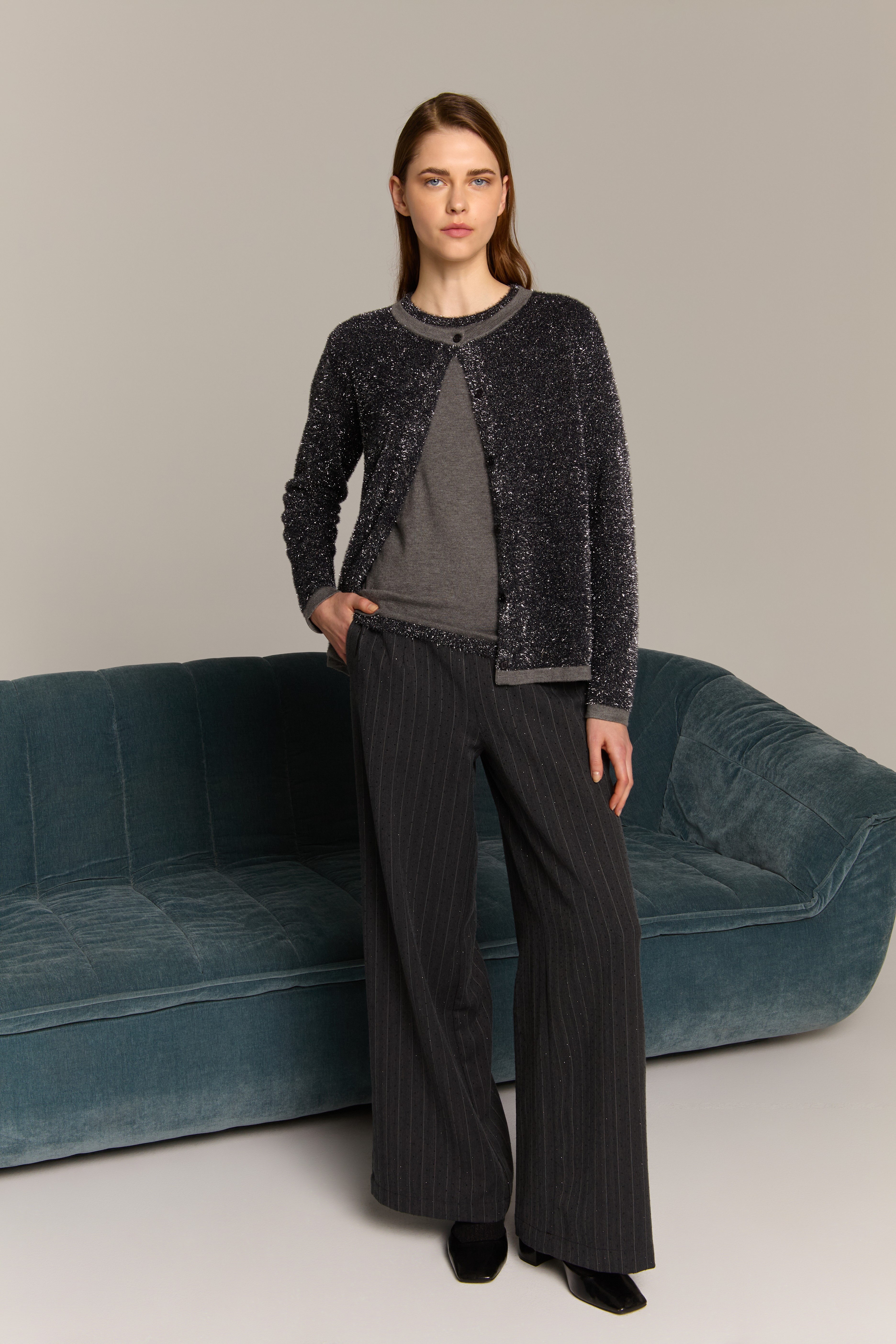 Μαύρη Ασημί Πλεκτή Ζακέτα με Λάμψη