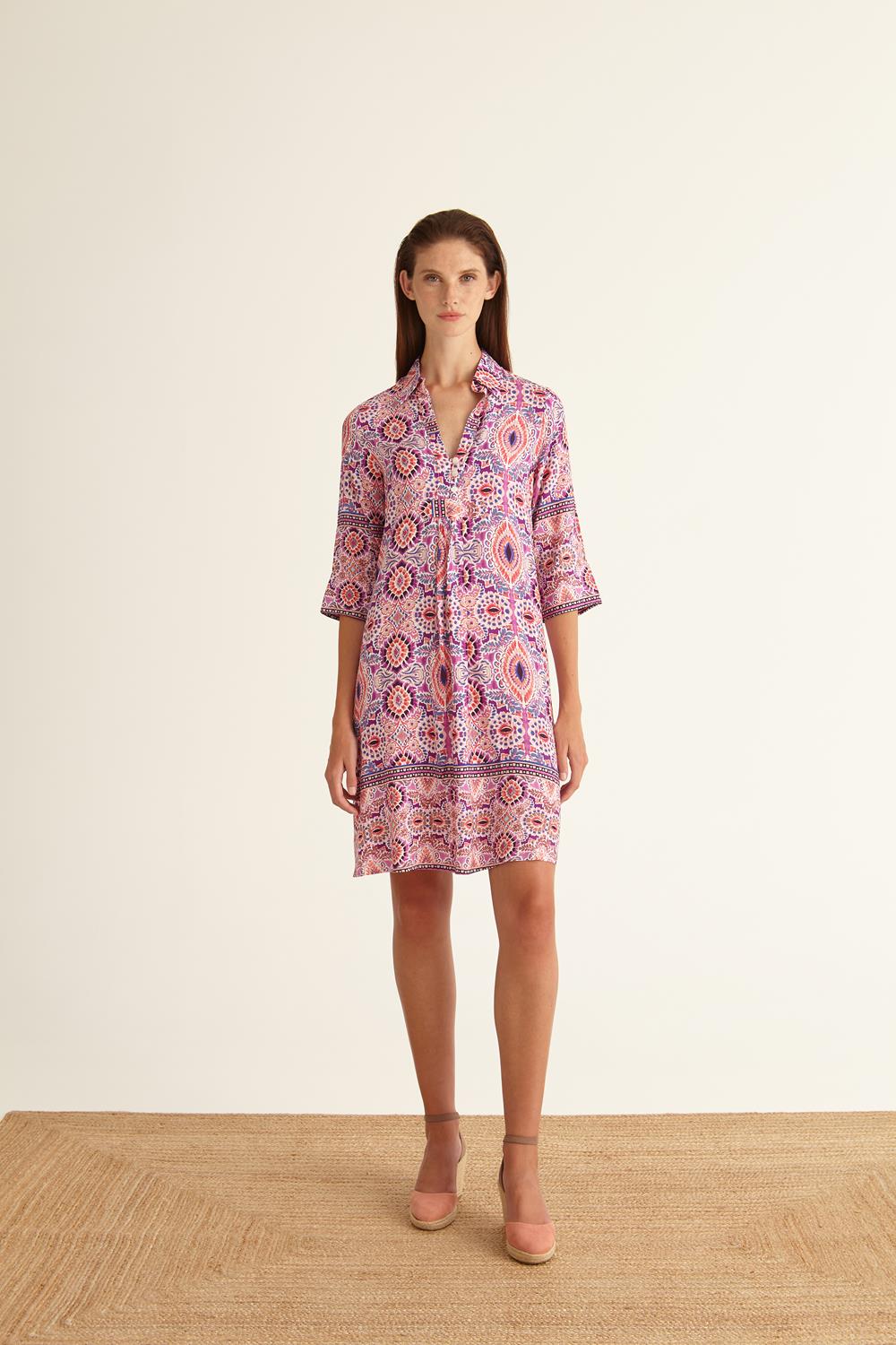 Elbow Length Butterfly Sleeved Dress in Moroccan Tile Print 