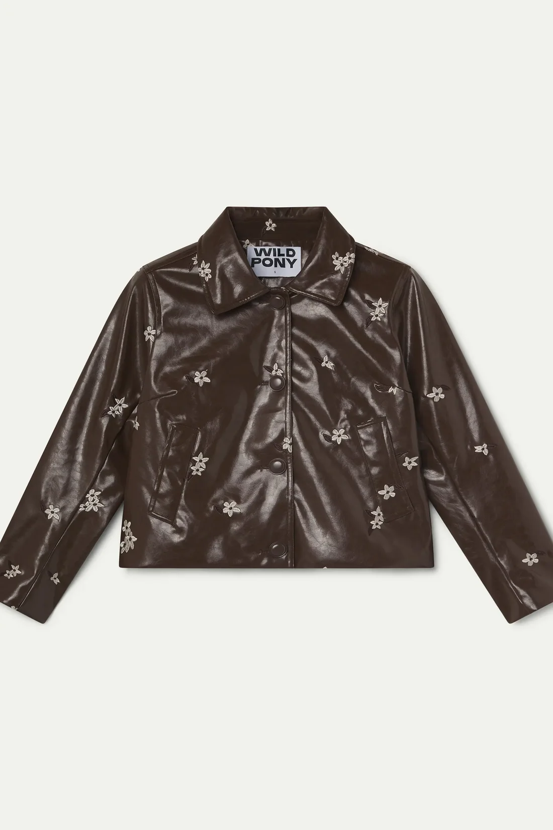 Wild Pony Καφέ Faux Leather Jacket με Almond Flower Print