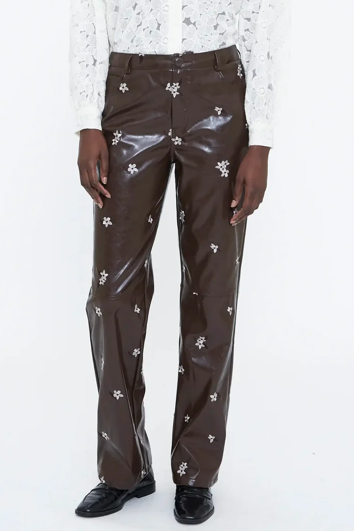 Wild Pony Καφέ Faux Leather Παντελόνι με Almond Flower Print
