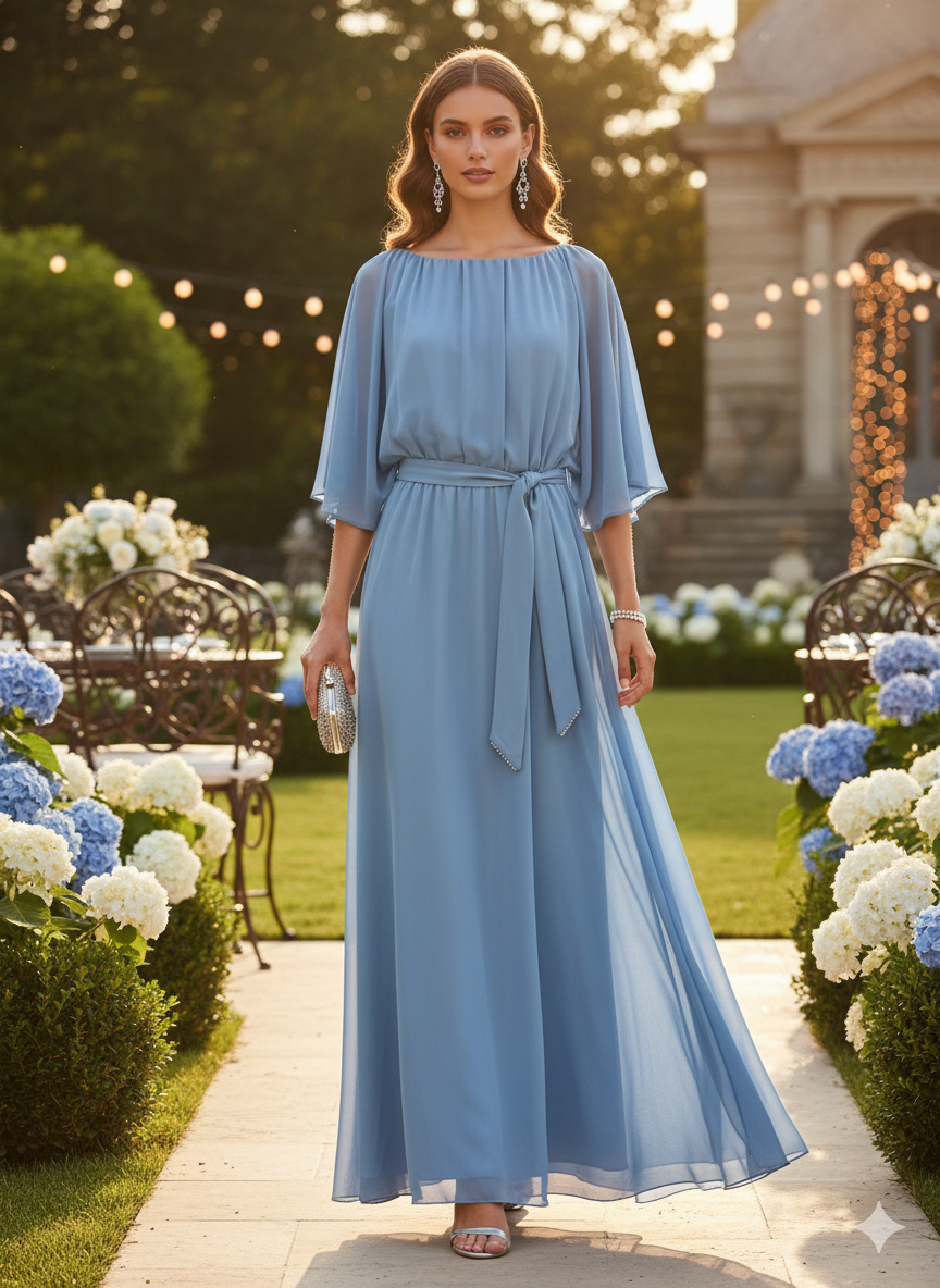 Μαξι Φόρεμα Μουσελίνα Σιελ για Γάμο & Βάπτιση